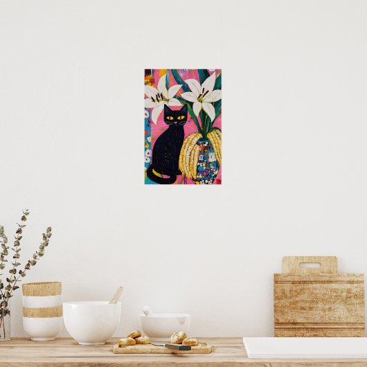 Funny Black Cat and Flower Vase  ポスター (キッチン)