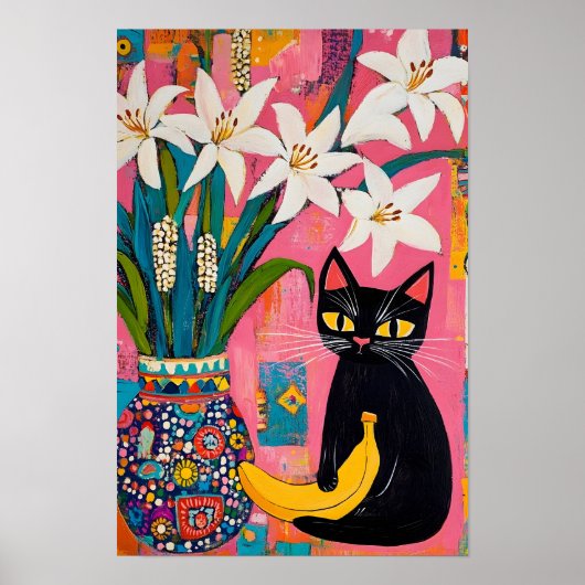 Funny Black cat Banana and Flower Vase  ポスター (正面)