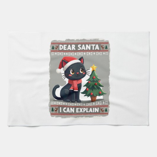 Funny Black Cat Christmas Dear Santa, I Can Explai キッチンタオル (横)