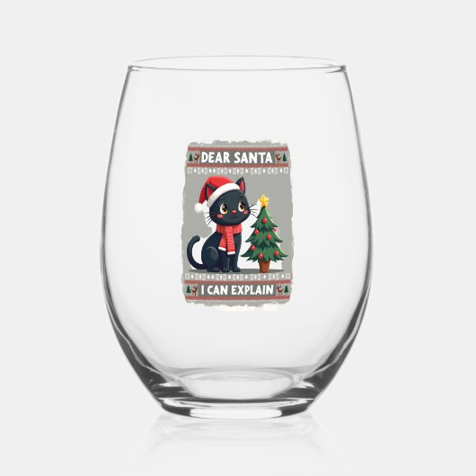 Funny Black Cat Christmas Dear Santa, I Can Explai ステムなしワイングラス (正面)