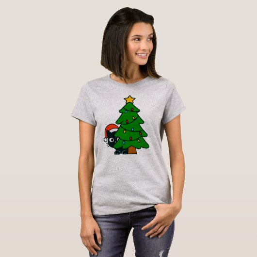Funny Black Cat Christmas Tree Lights Kitty Xmas Tシャツ (正面フル)