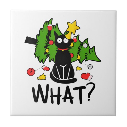 Funny Black Cat Christmas Tree Merry Santa Humor C タイル (正面)