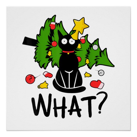 Funny Black Cat Christmas Tree Merry Santa Humor C ポスター (正面)