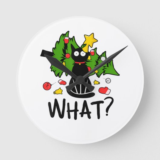 Funny Black Cat Christmas Tree Merry Santa Humor C ラウンド壁時計 (正面)