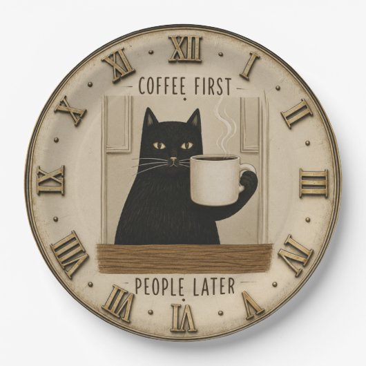 Funny Black Cat Coffee First People Later Cat Love ペーパープレート (正面)