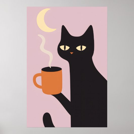 Funny Black Cat Coffee Moon Poster ポスター (正面)