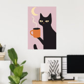 Funny Black Cat Coffee Moon Poster ポスター (ホームオフィス)