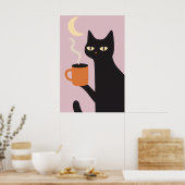 Funny Black Cat Coffee Moon Poster ポスター (キッチン)