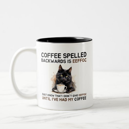 Funny Black Cat Coffee Spelled Backwards is Eeffoc ツートーンマグカップ (左)