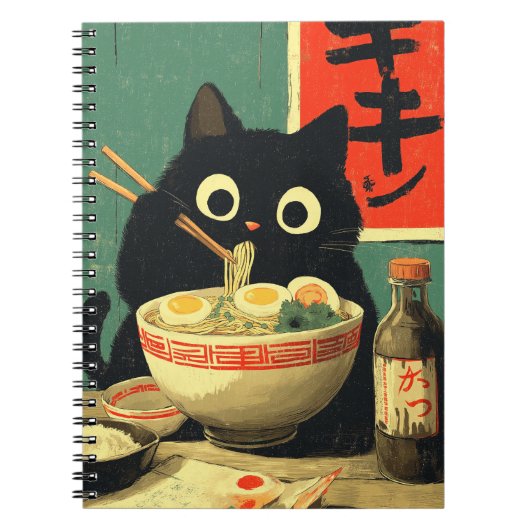 Funny Black Cat Eating Ramen ノートブック (正面)