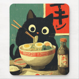 Funny Black Cat Eating Ramen マウスパッド