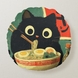 Funny Black Cat Eating Ramen ラウンドクッション