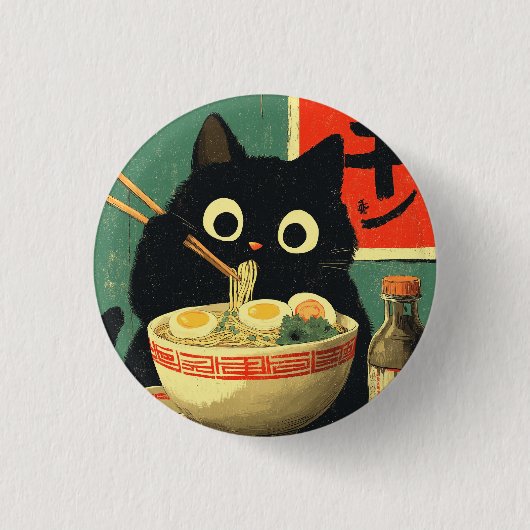 Funny Black Cat Eating Ramen 缶バッジ (正面)