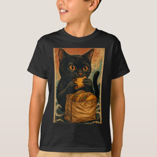 Funny Black Cat Eating Tacos Retro Japanese Tシャツ (正面)