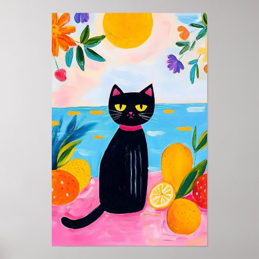 Funny Black Cat Fresh Fruit and Sea ポスター (正面)