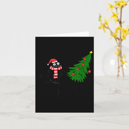 Funny Black Cat Gift Pushing Christmas Tree Over C カード (黄色い花)