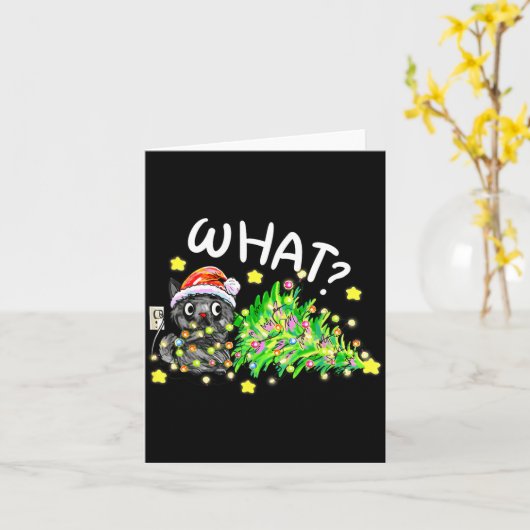 Funny Black Cat Gift Pushing Christmas Tree Over C カード (黄色い花)