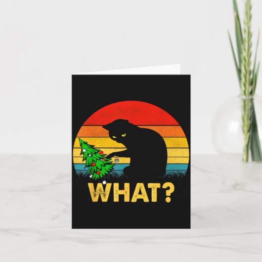 Funny Black Cat Gift Pushing Christmas Tree Over C カード (正面)