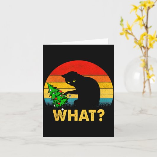 Funny Black Cat Gift Pushing Christmas Tree Over C カード (黄色い花)