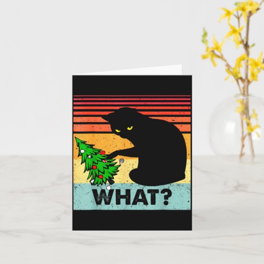 Funny Black Cat Gift Pushing Christmas Tree Over C カード (黄色い花)