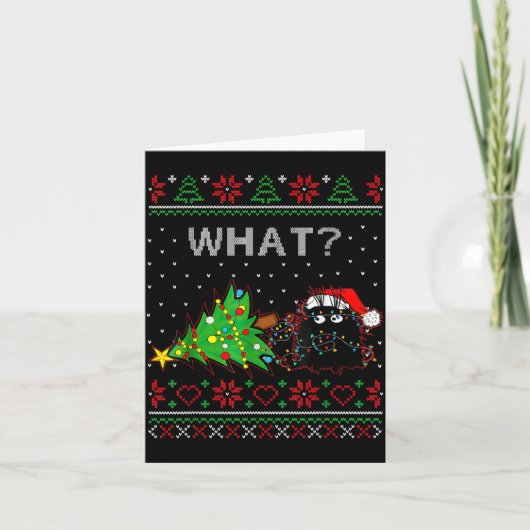 Funny Black Cat Gift Pushing Christmas Tree Over C カード (正面)