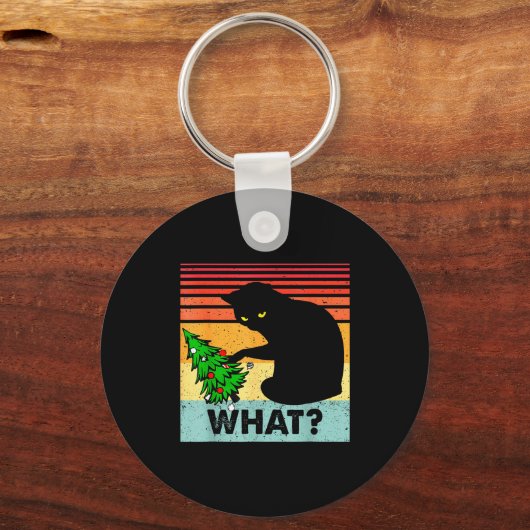 Funny Black Cat Gift Pushing Christmas Tree Over C キーホルダー (正面)