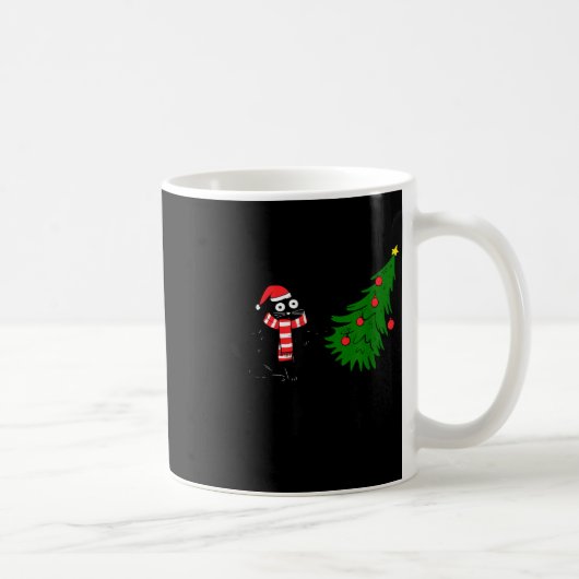 Funny Black Cat Gift Pushing Christmas Tree Over C コーヒーマグカップ (右)