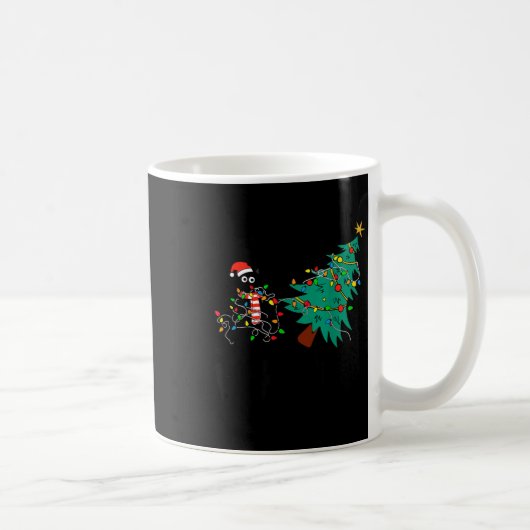 Funny Black Cat Gift Pushing Christmas Tree Over C コーヒーマグカップ (右)