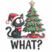 Funny Black Cat Gift Pushing Christmas Tree Over C シール (正面)