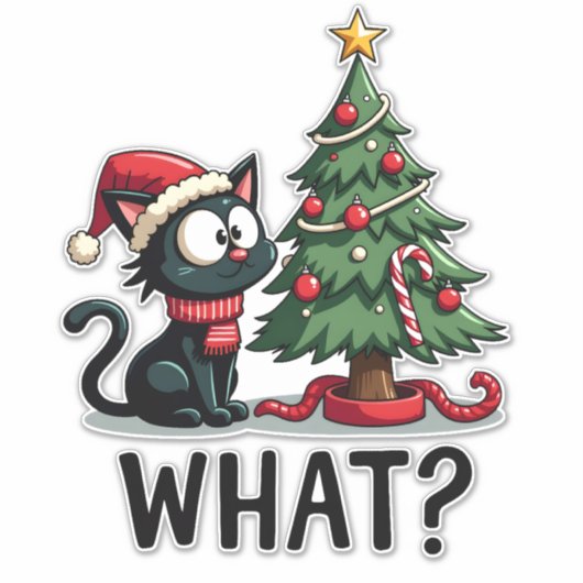 Funny Black Cat Gift Pushing Christmas Tree Over C シール (正面)