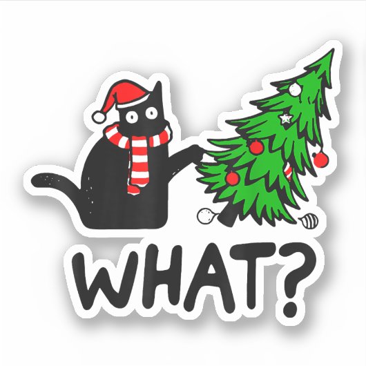 Funny Black Cat Gift Pushing Christmas Tree Over C シール (正面)