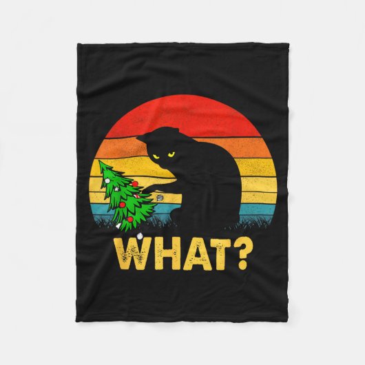 Funny Black Cat Gift Pushing Christmas Tree Over C フリースブランケット (正面)
