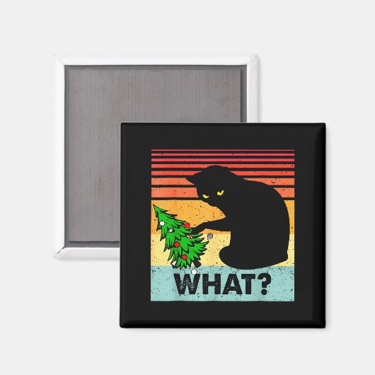 Funny Black Cat Gift Pushing Christmas Tree Over C マグネット (正面/裏面)
