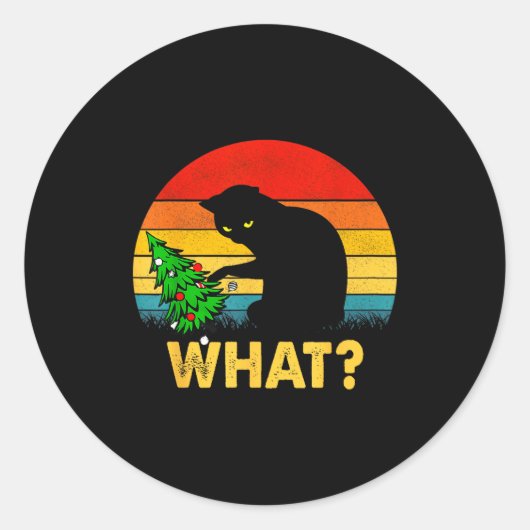 Funny Black Cat Gift Pushing Christmas Tree Over C ラウンドシール (正面)