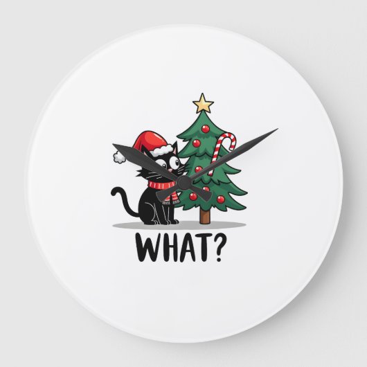 Funny Black Cat Gift Pushing Christmas Tree Over C ラージ壁時計 (正面)