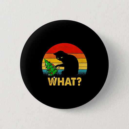 Funny Black Cat Gift Pushing Christmas Tree Over C 缶バッジ (正面)