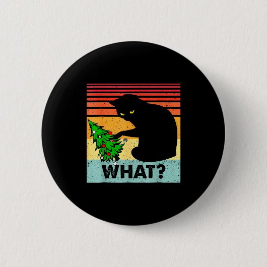 Funny Black Cat Gift Pushing Christmas Tree Over C 缶バッジ (正面)