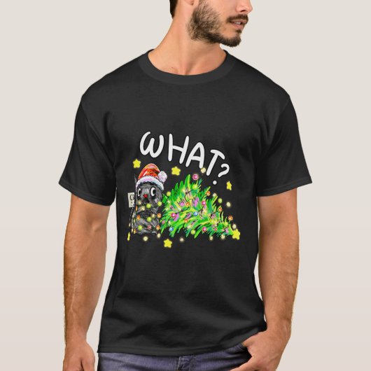 Funny Black Cat Gift Pushing Christmas Tree Over C Tシャツ (正面)