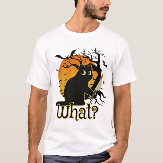 Funny Black Cat Holding Knife Halloween Tシャツ (正面)