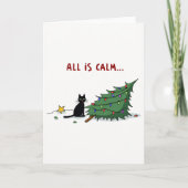 Funny Black Cat Knocking Over Christmas Tree カード (正面)