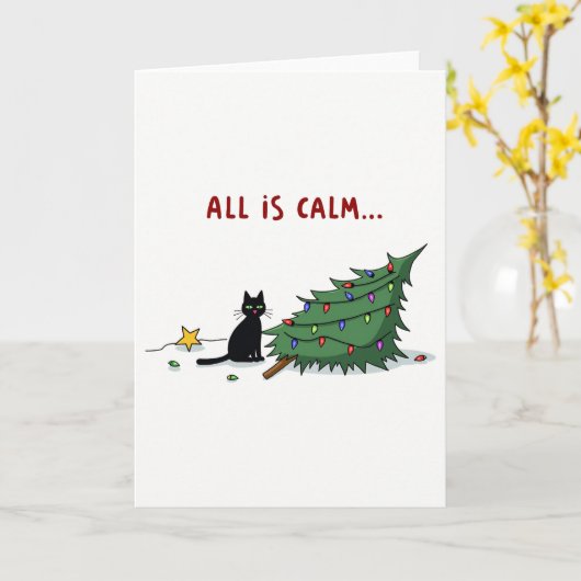 Funny Black Cat Knocking Over Christmas Tree カード (黄色い花)