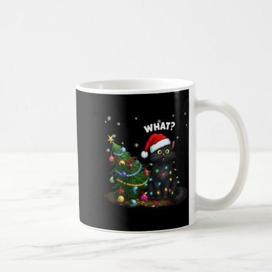 Funny Black Cat Pushing Christmas Tree  コーヒーマグカップ (右)