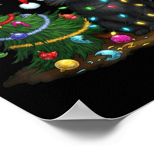 Funny Black Cat Pushing Christmas Tree ポスター (角)