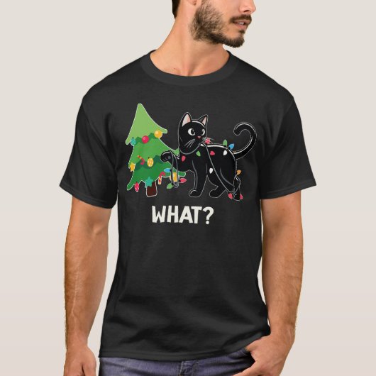 Funny Black Cat Pushing Christmas Tree Cat Lover X Tシャツ (正面)