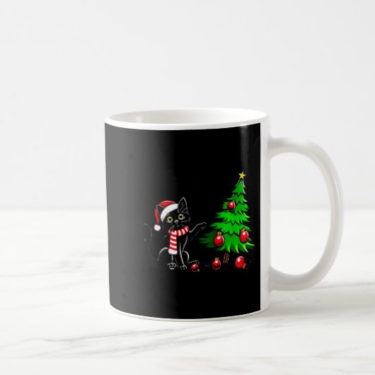 Funny Black Cat Pushing Christmas Tree Over Cat Wh コーヒーマグカップ (右)