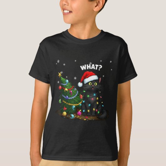 Funny Black Cat Pushing Christmas Tree  Tシャツ (正面)