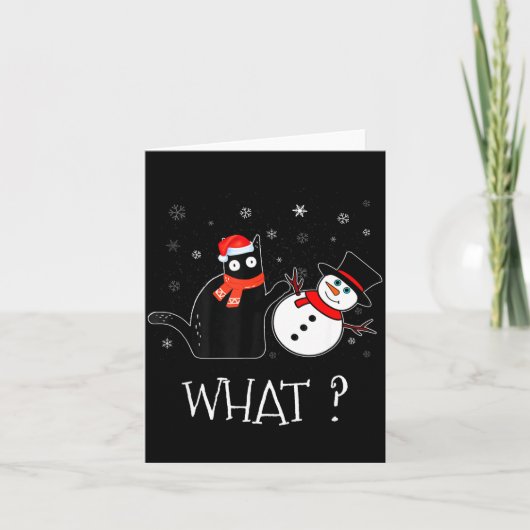 Funny Black Cat Pushing Snowman Christmas Winter C カード (正面)