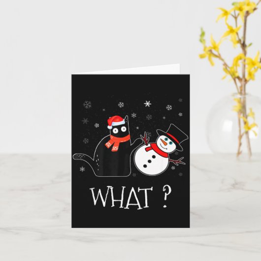Funny Black Cat Pushing Snowman Christmas Winter C カード (黄色い花)