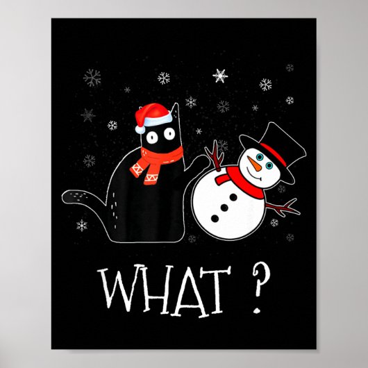 Funny Black Cat Pushing Snowman Christmas Winter C ポスター (正面)