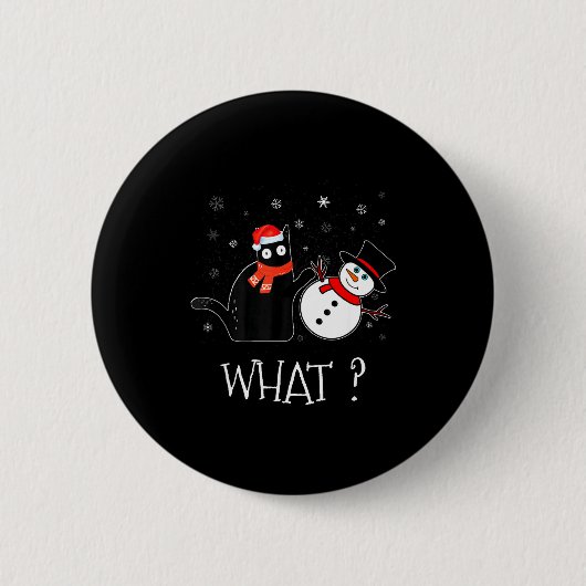 Funny Black Cat Pushing Snowman Christmas Winter C 缶バッジ (正面)
